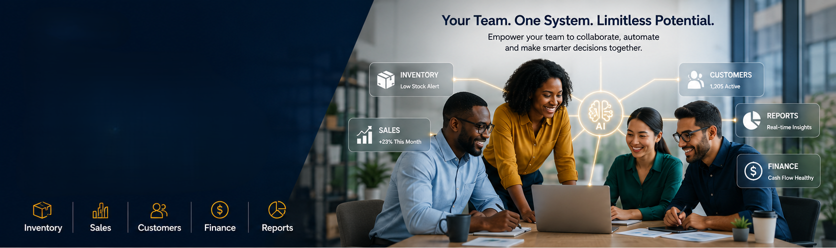Edah unified business dashboard connecting inventory, sales, customers, finance and reports